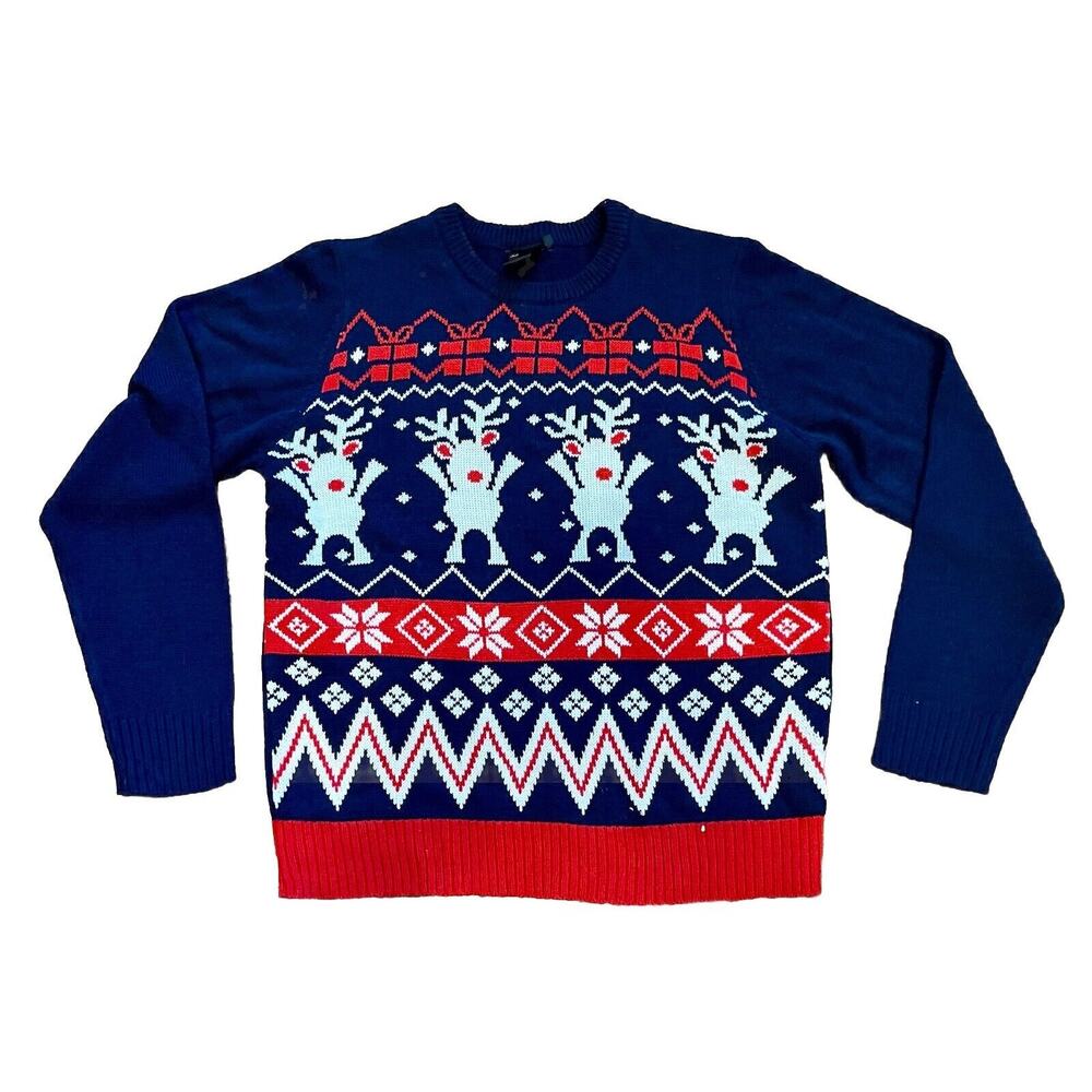 Jake Austin Ugly Christmas Sweater XL Blue Red White Holiday Rudolph